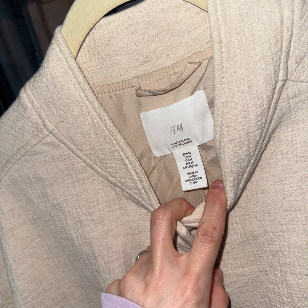 H&M Crepe Linen Bomber Jacket Cotton Beige Cropped Coat Ecru Textured snap - Picture 2 of 12